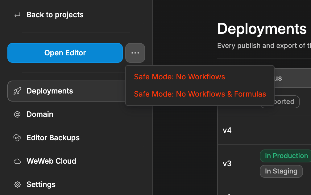 Open WeWeb project in safe mode