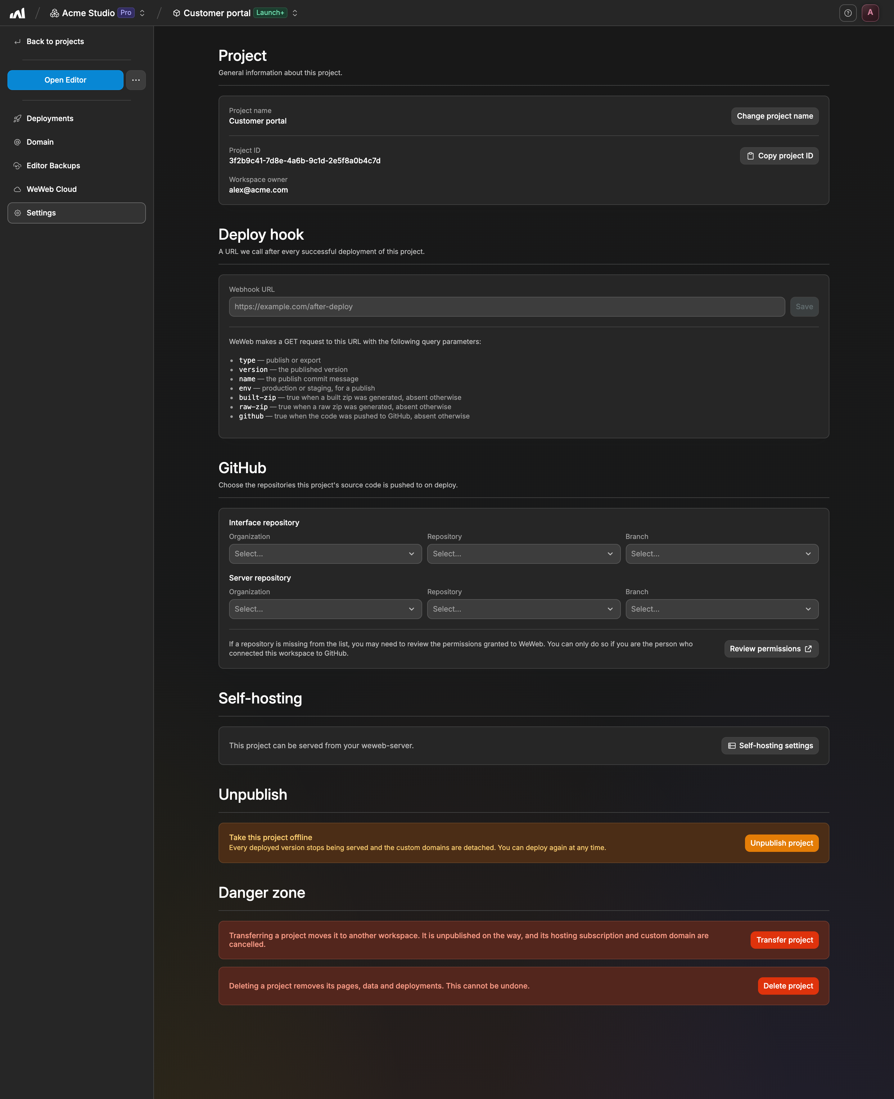 WeWeb project settings
