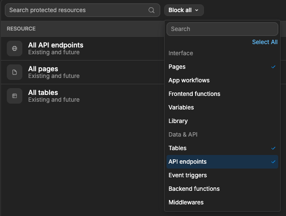 Block all menu with Pages, Tables, and API endpoints ticked, and their rules listed in the Protected resources table