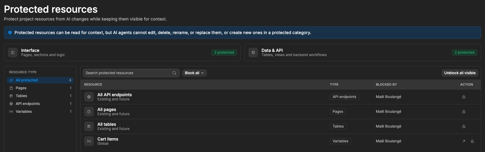 Protected resources panel in Agent permissions