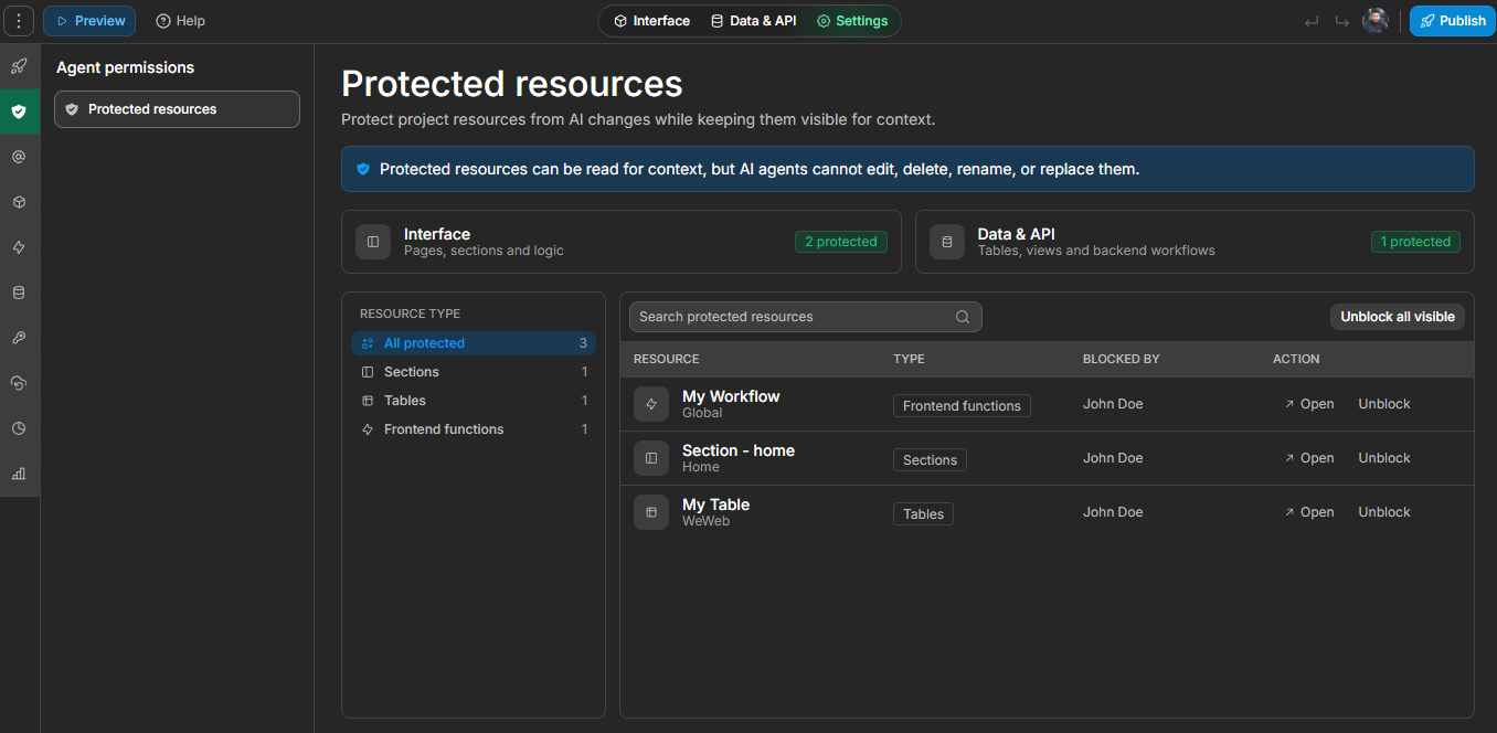 Protected resources panel in Agent permissions