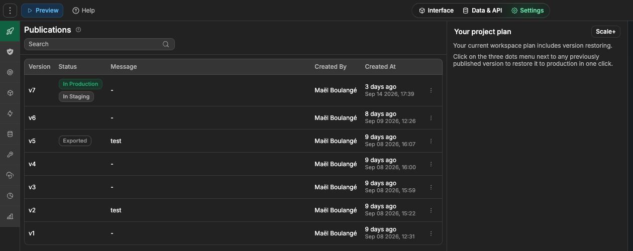 The publication history in the Settings tab
