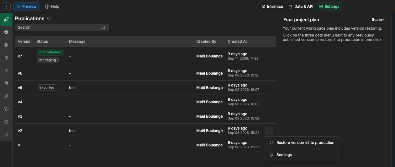 Restoring an earlier version to production