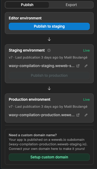 The publish panel with its editor, staging and production environments