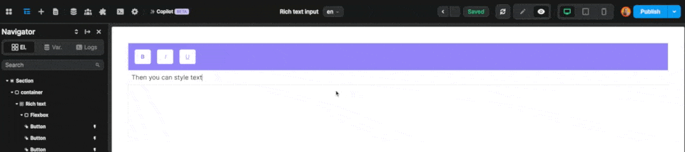 Rich text component actions in action