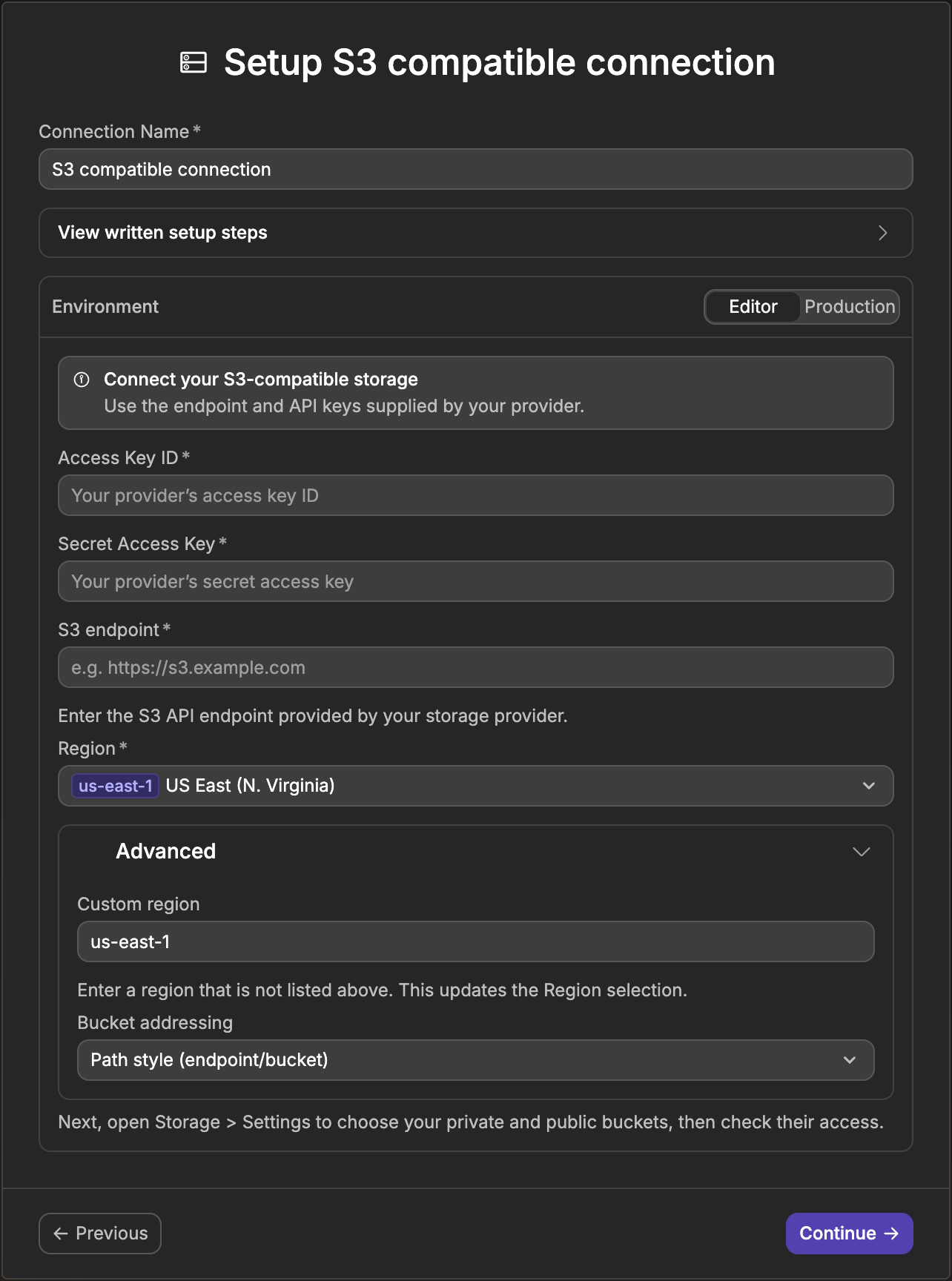 The S3 compatible connection panel in WeWeb, with the Access Key ID, Secret Access Key, S3 endpoint and Region fields, and the Advanced section open on Custom region and Bucket addressing
