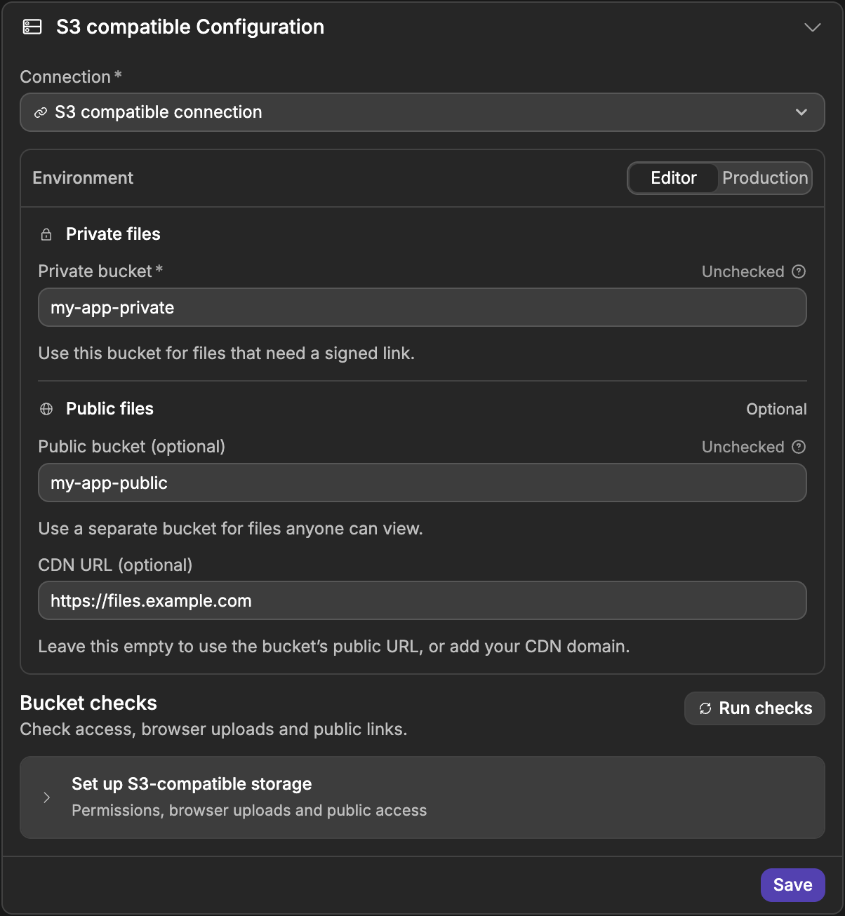 The S3 compatible Configuration panel in Storage Settings, with the connection, the private bucket, public bucket and CDN URL fields, and the Run checks button