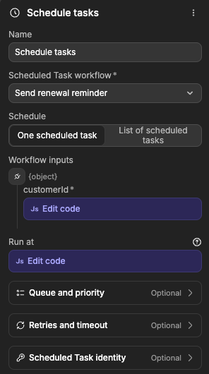 Schedule tasks action set to run the Send renewal reminder workflow once, with a customerId input and a Run at date