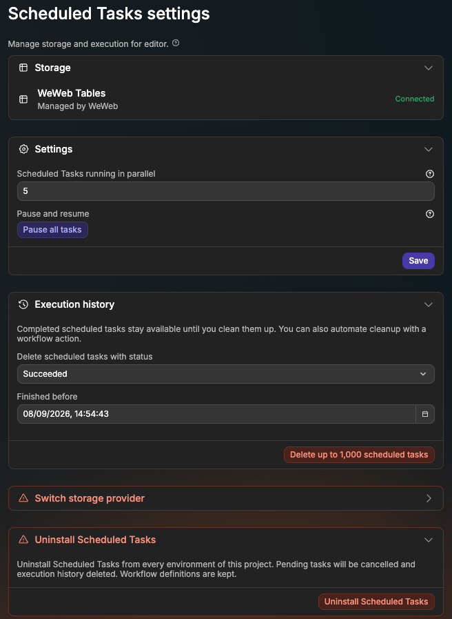 Scheduled Tasks settings with WeWeb Tables storage, 5 tasks running in parallel, the Pause all tasks button, history cleanup and the Uninstall Scheduled Tasks section