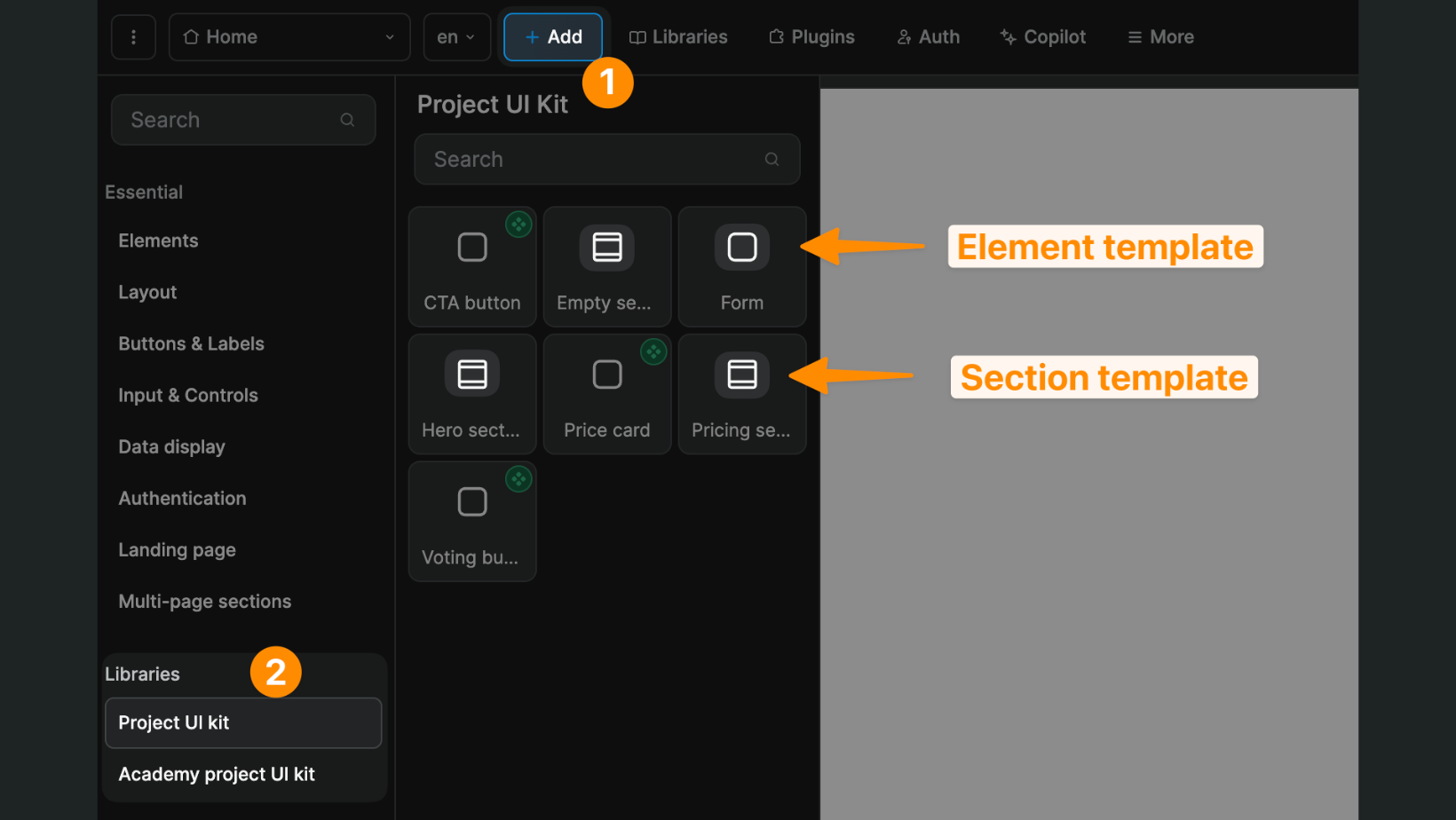 Add element or section template on the page