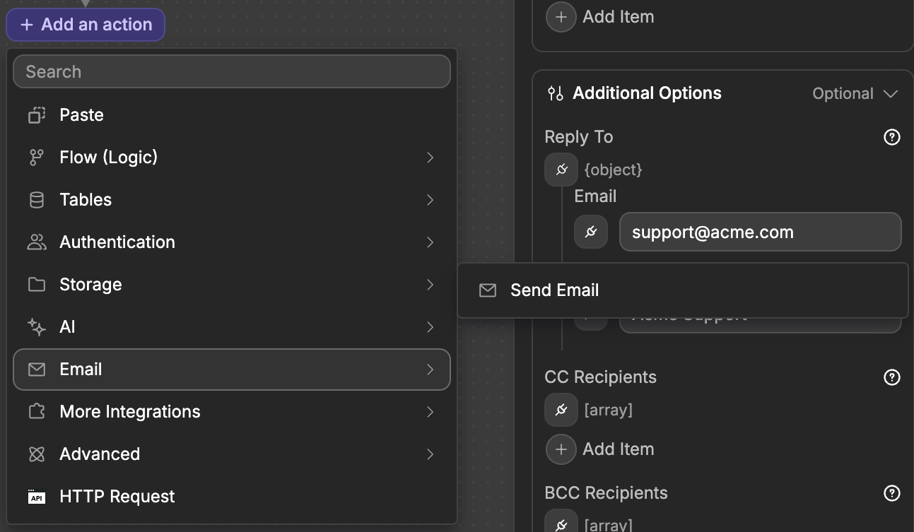 Send Email action in the Email category of the action list