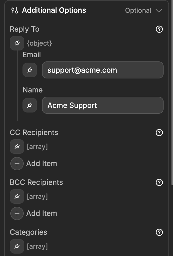 Additional Options section of the Send Email action