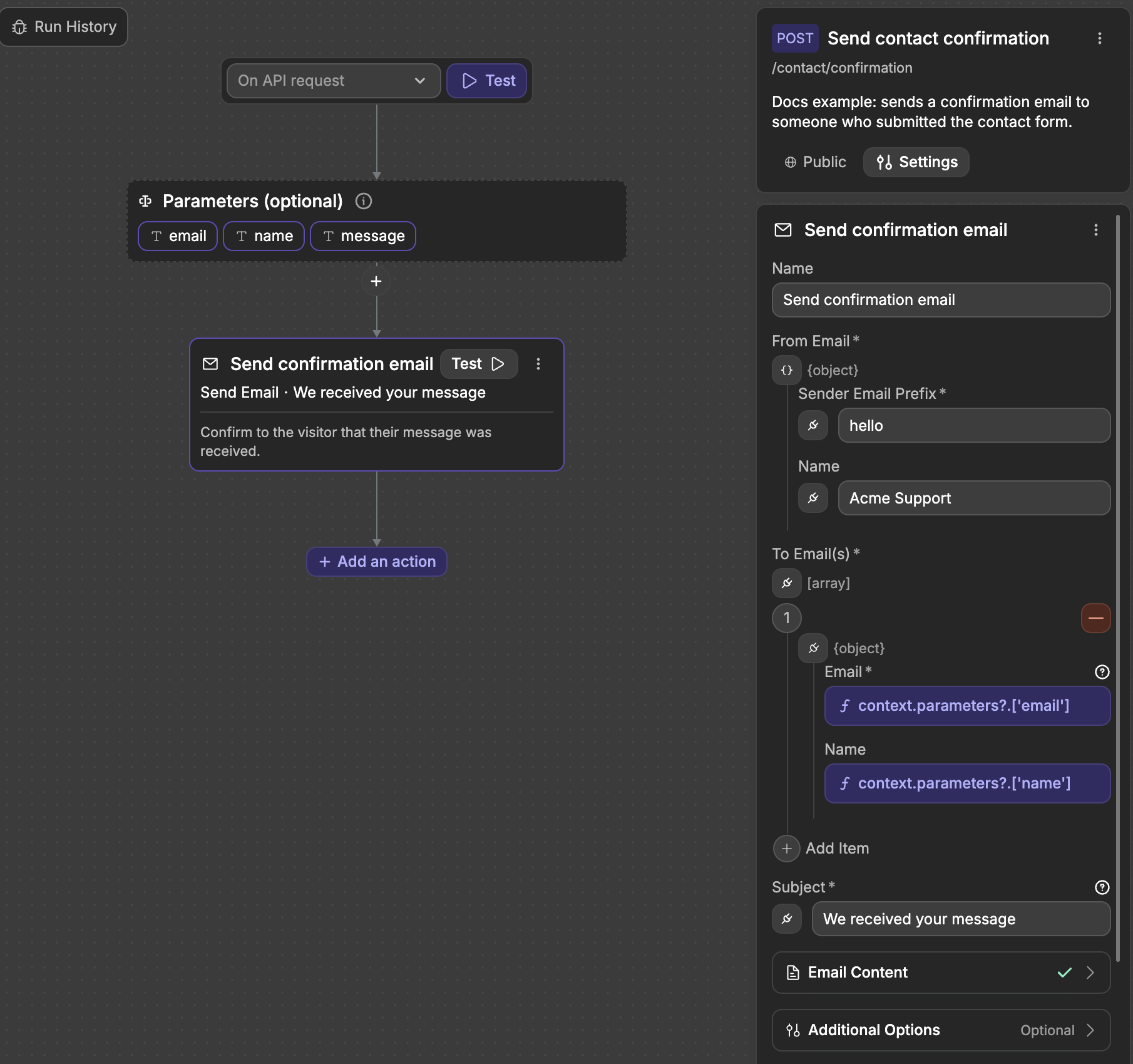 Send Email action configured in an API Endpoint