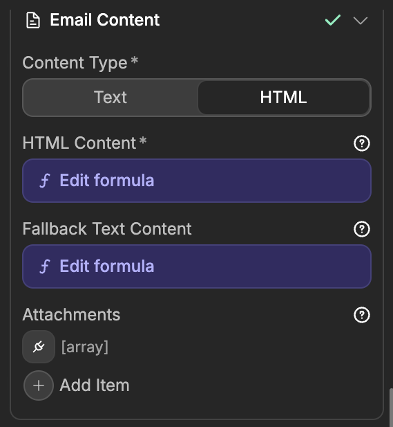 Email Content section of the Send Email action