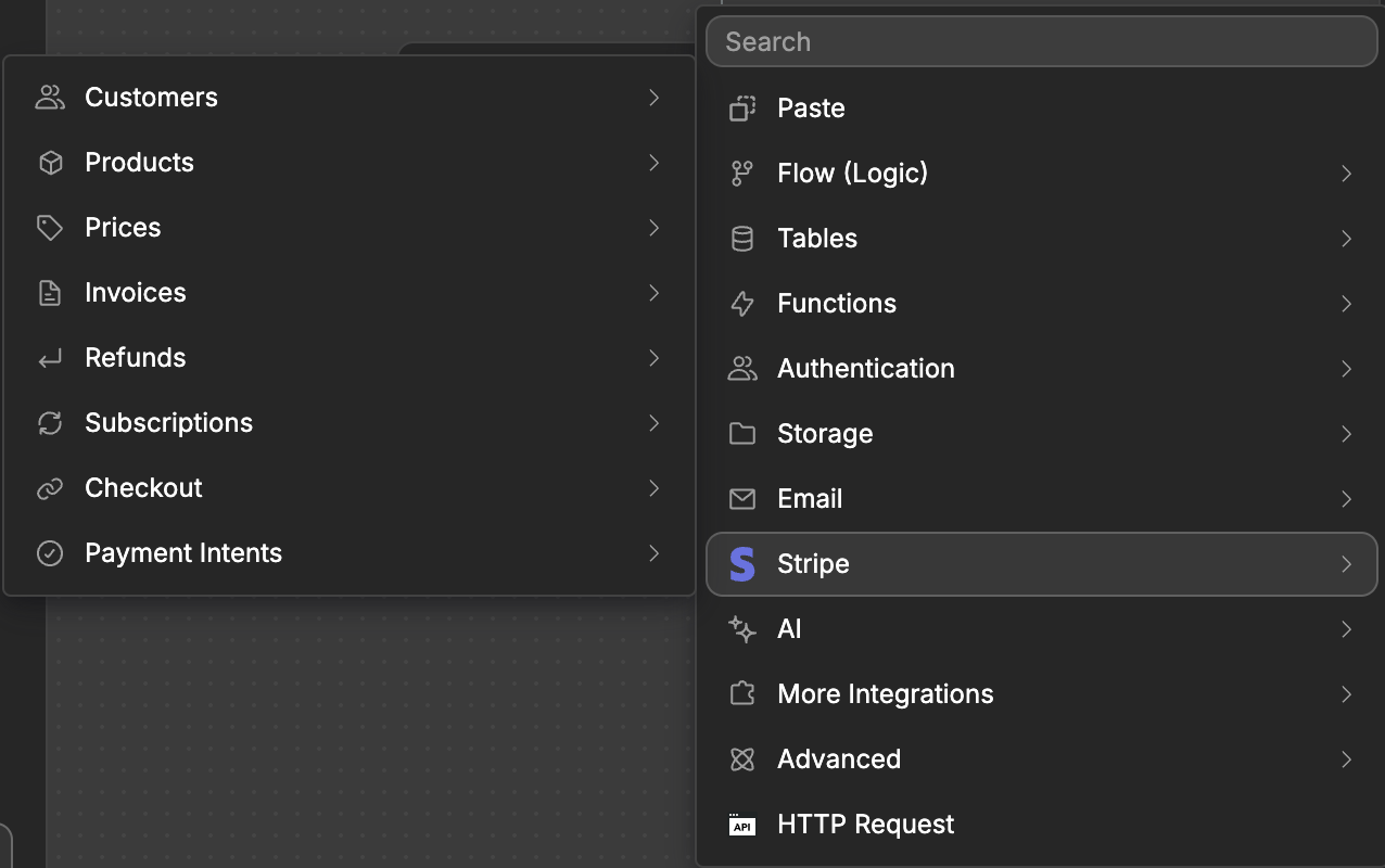 The action menu with Stripe open, showing the resource groups