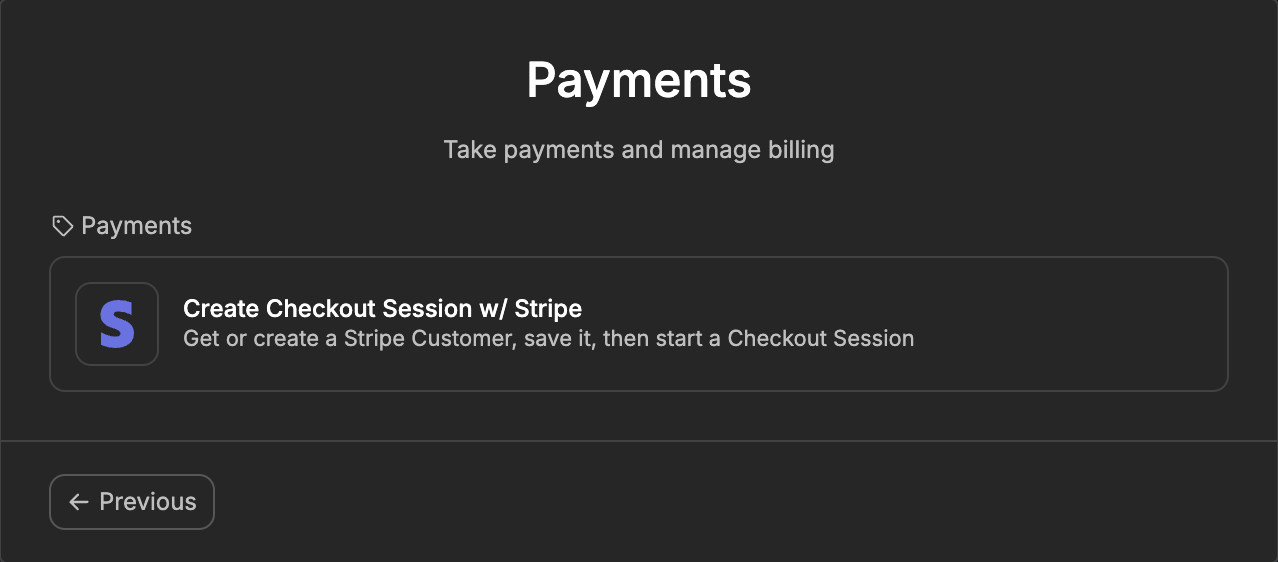 The Payments category of API endpoint templates, with the Create Checkout Session w/ Stripe template