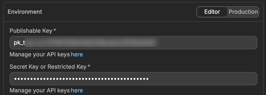 Stripe connection settings in WeWeb with the Publishable Key and Secret Key or Restricted Key fields