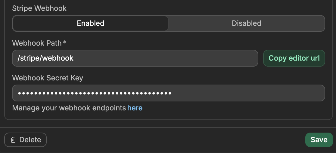 Stripe connection webhook settings in WeWeb: Stripe Webhook set to Enabled, Webhook Path, the Copy editor url button, and Webhook Secret Key