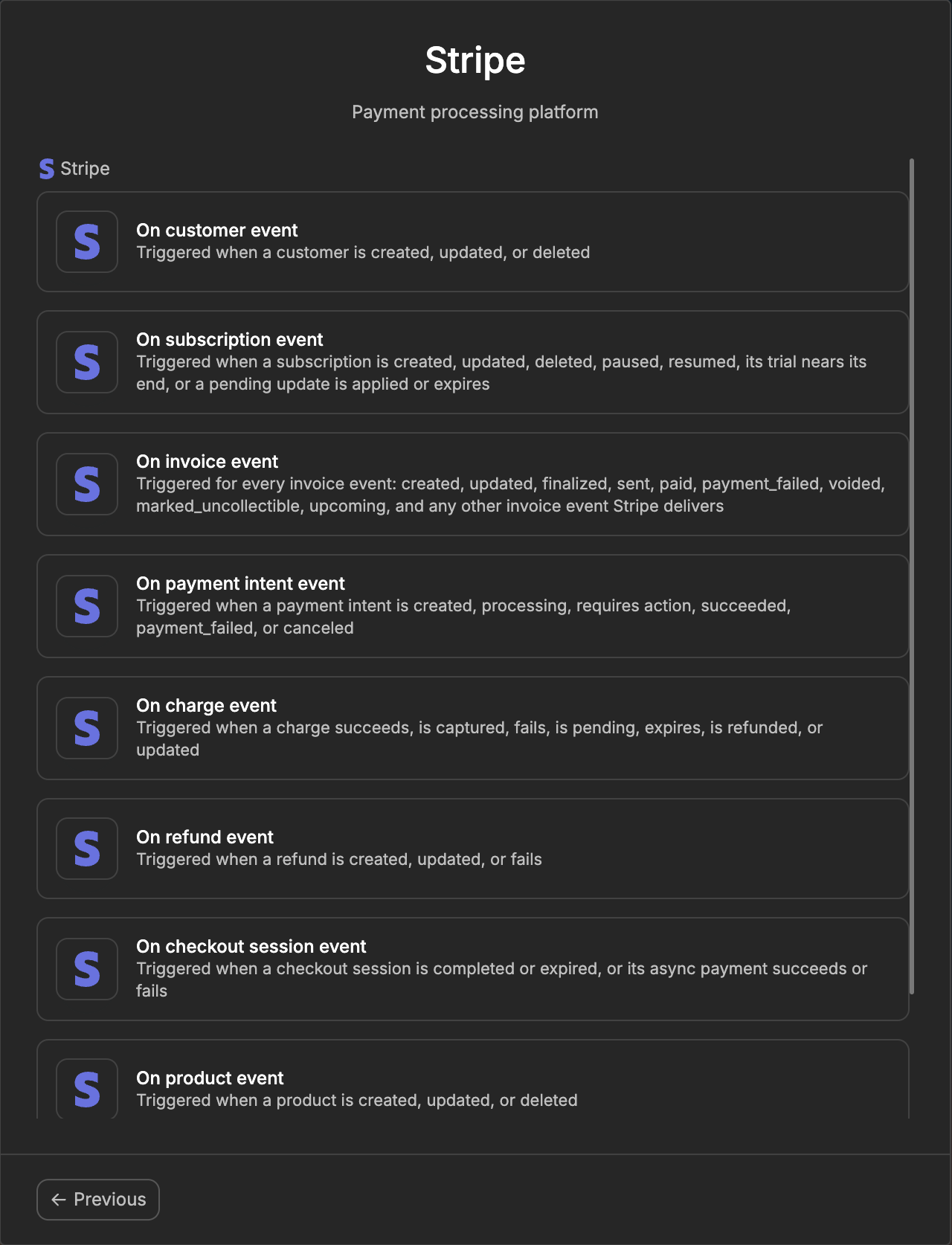 The list of Stripe event triggers, from On customer event to On product event