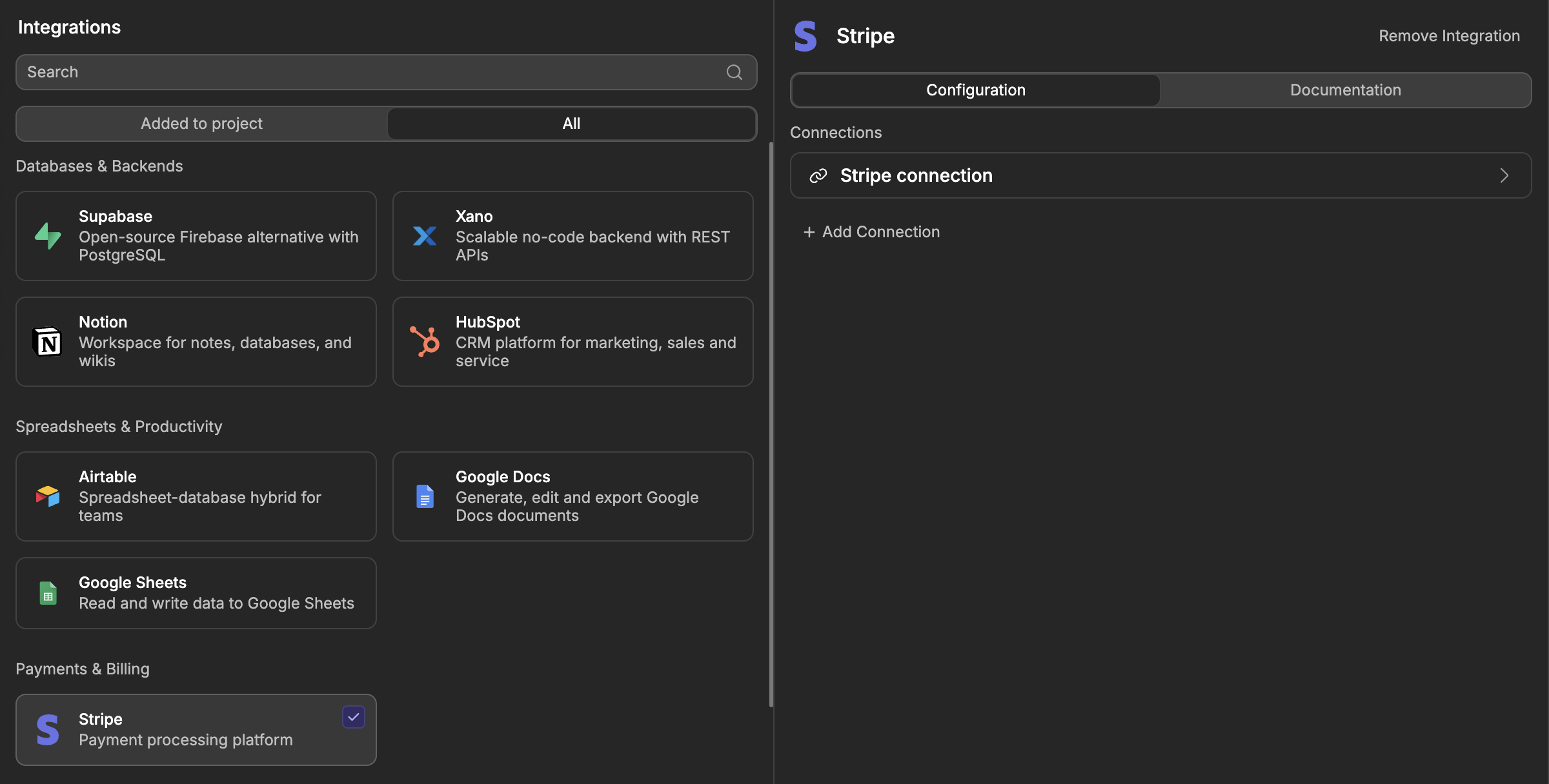 The Integrations subtab with Stripe selected and its connection list