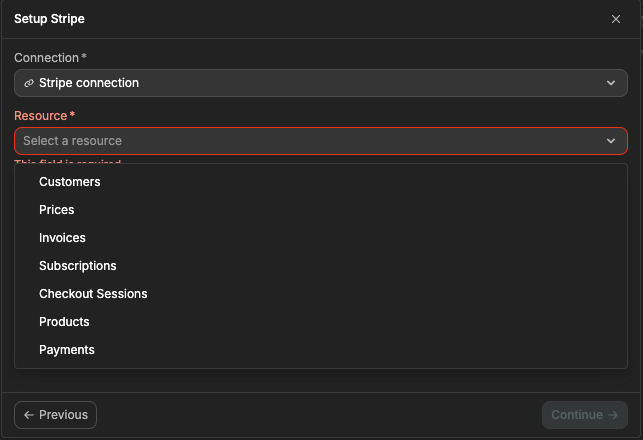 The Setup Stripe window with the Resource list open