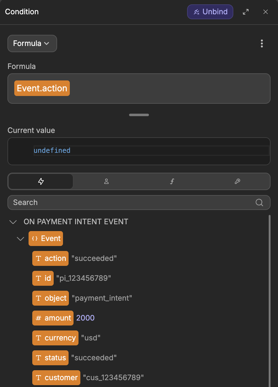 The binding panel of a Stripe trigger workflow, with the Event object open and its action, id, amount, currency, status and customer fields