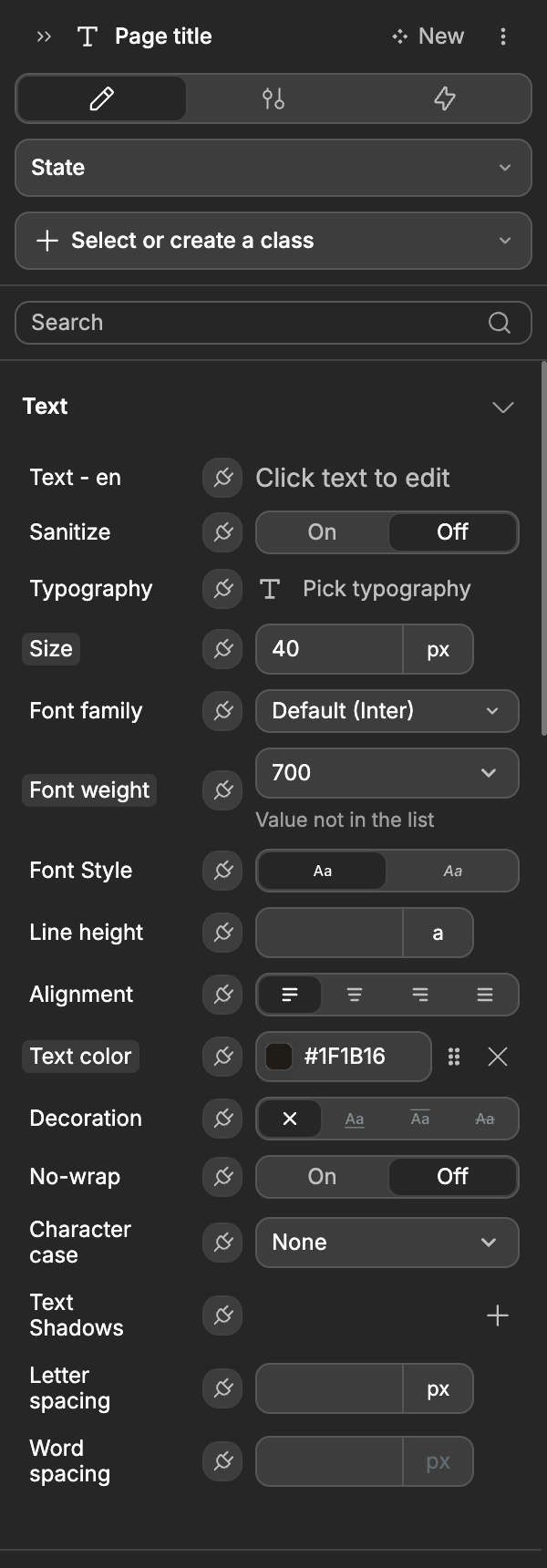 The Style tab of the right panel with the Text section of a selected heading