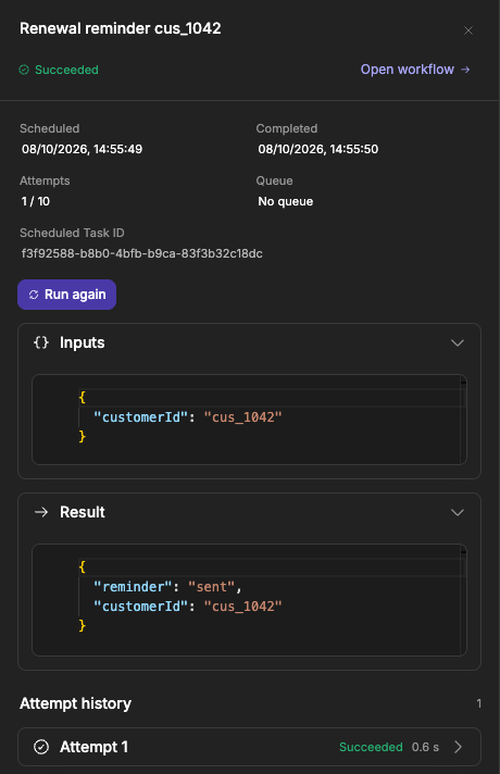 Details of a succeeded renewal reminder, with its inputs, its result and one attempt