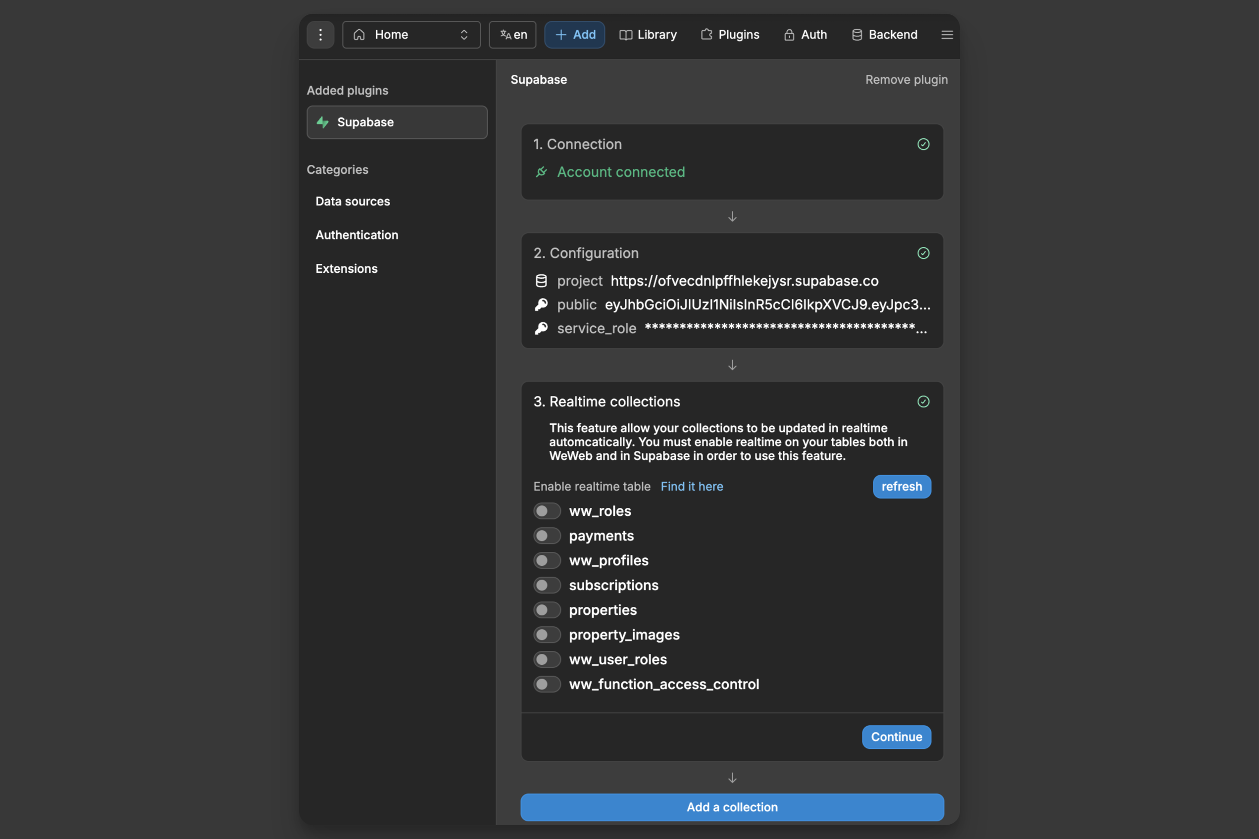 Supabase project settings