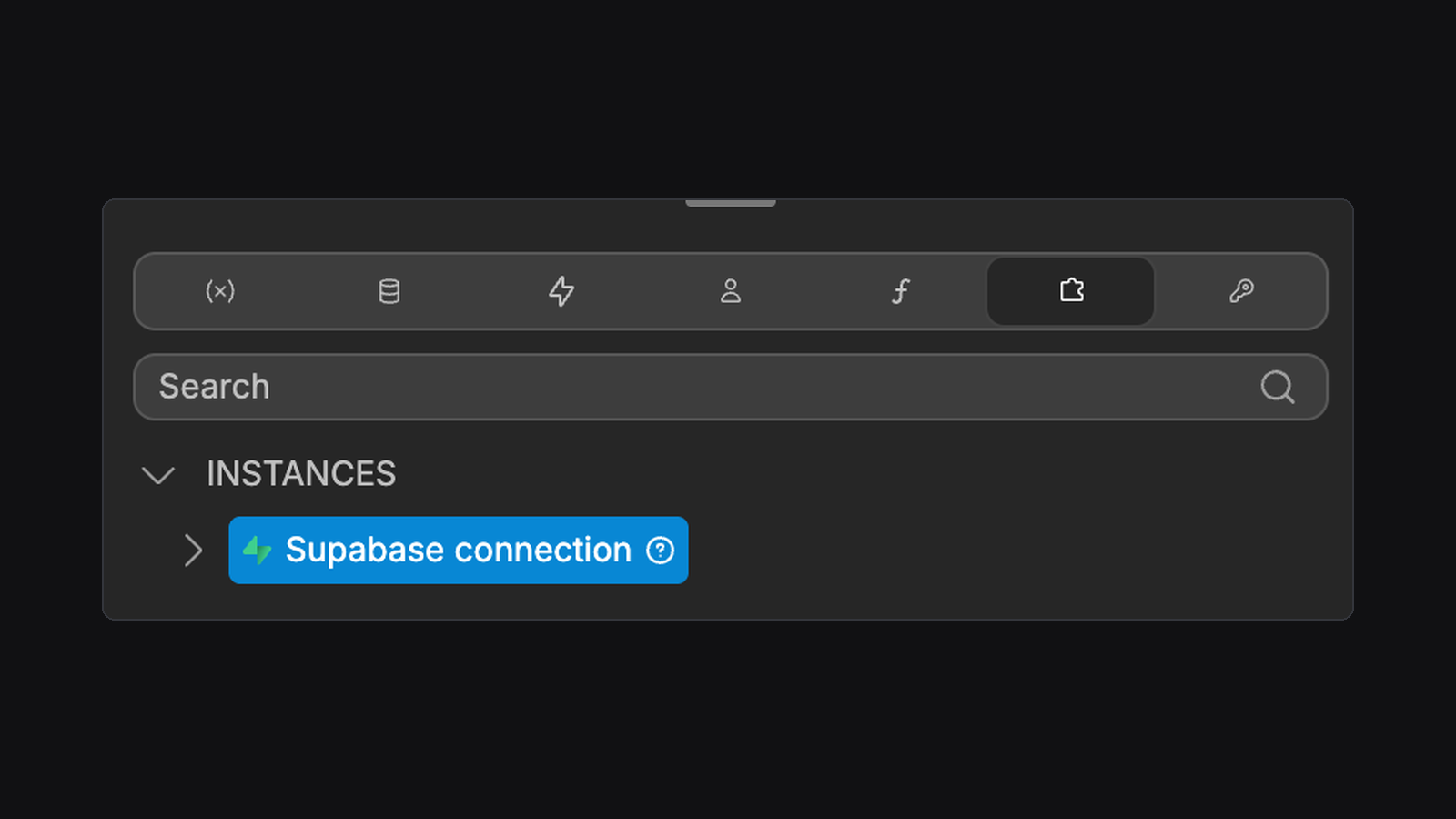The Integrations tab below the code editor, with the Supabase connection under Instances