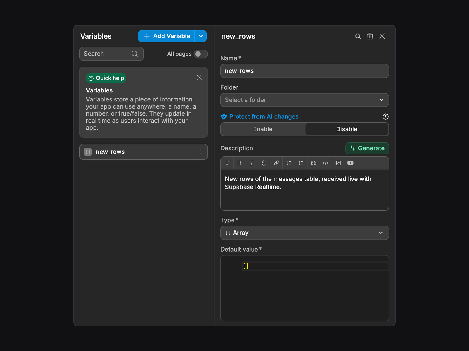 The settings of the new_rows variable, with the Array type and an empty default value
