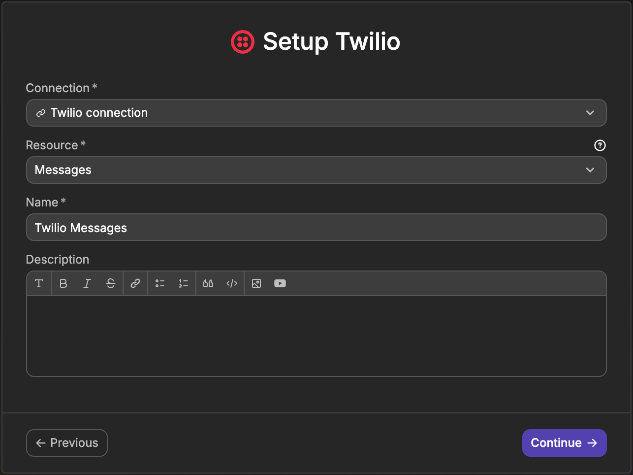 The Setup Twilio step of Add Table, with the Connection, Resource and Name fields
