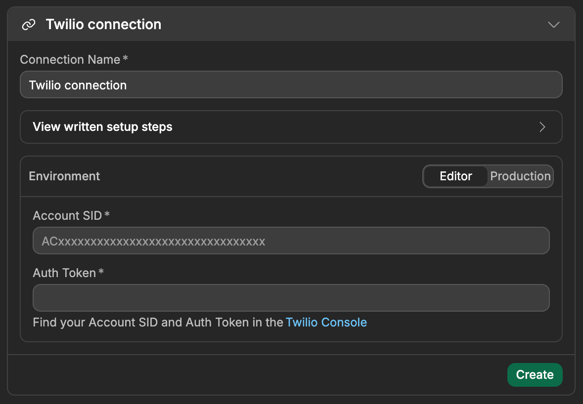 A new Twilio connection, with the Connection Name, the Editor and Production tabs, and the Account SID and Auth Token fields