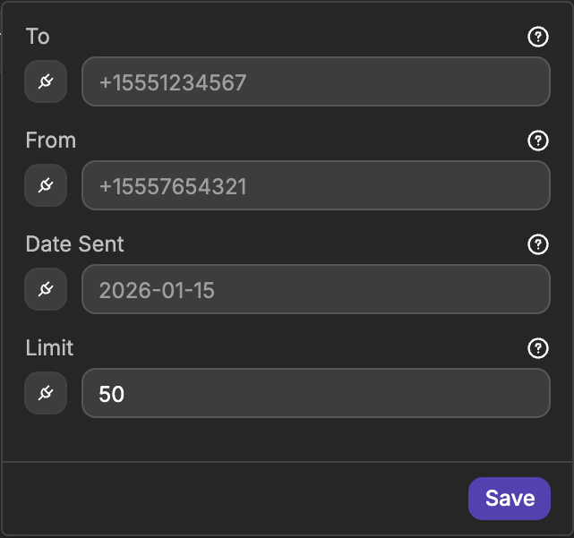 The Configuration popup of a Twilio Messages view, with the To, From, Date Sent and Limit filters