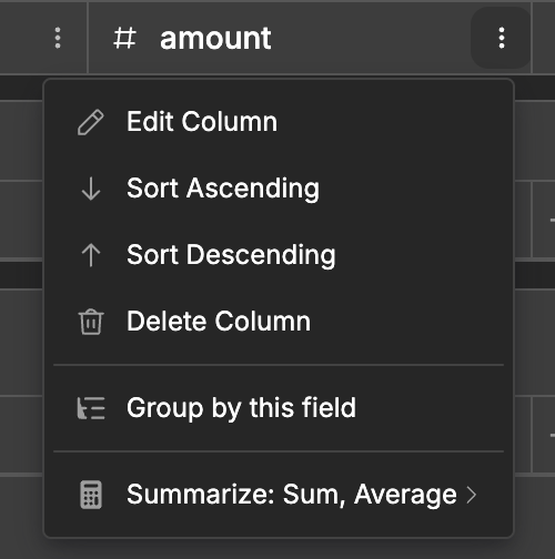 The menu of the amount column, with Group by this field and Summarize options