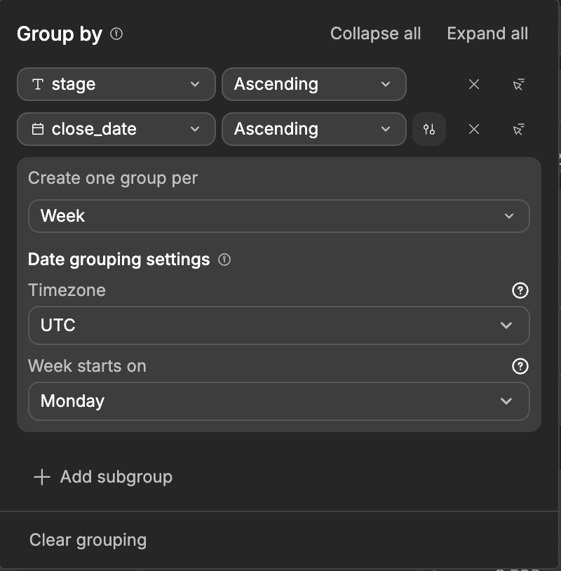 A close_date rule grouped by Week, with the date grouping settings set to UTC and Monday