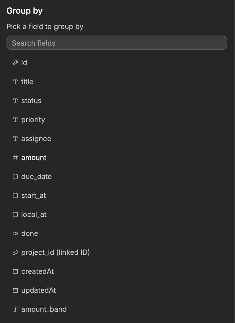 The list of columns you can group by, including project_id (linked ID) and a formula column