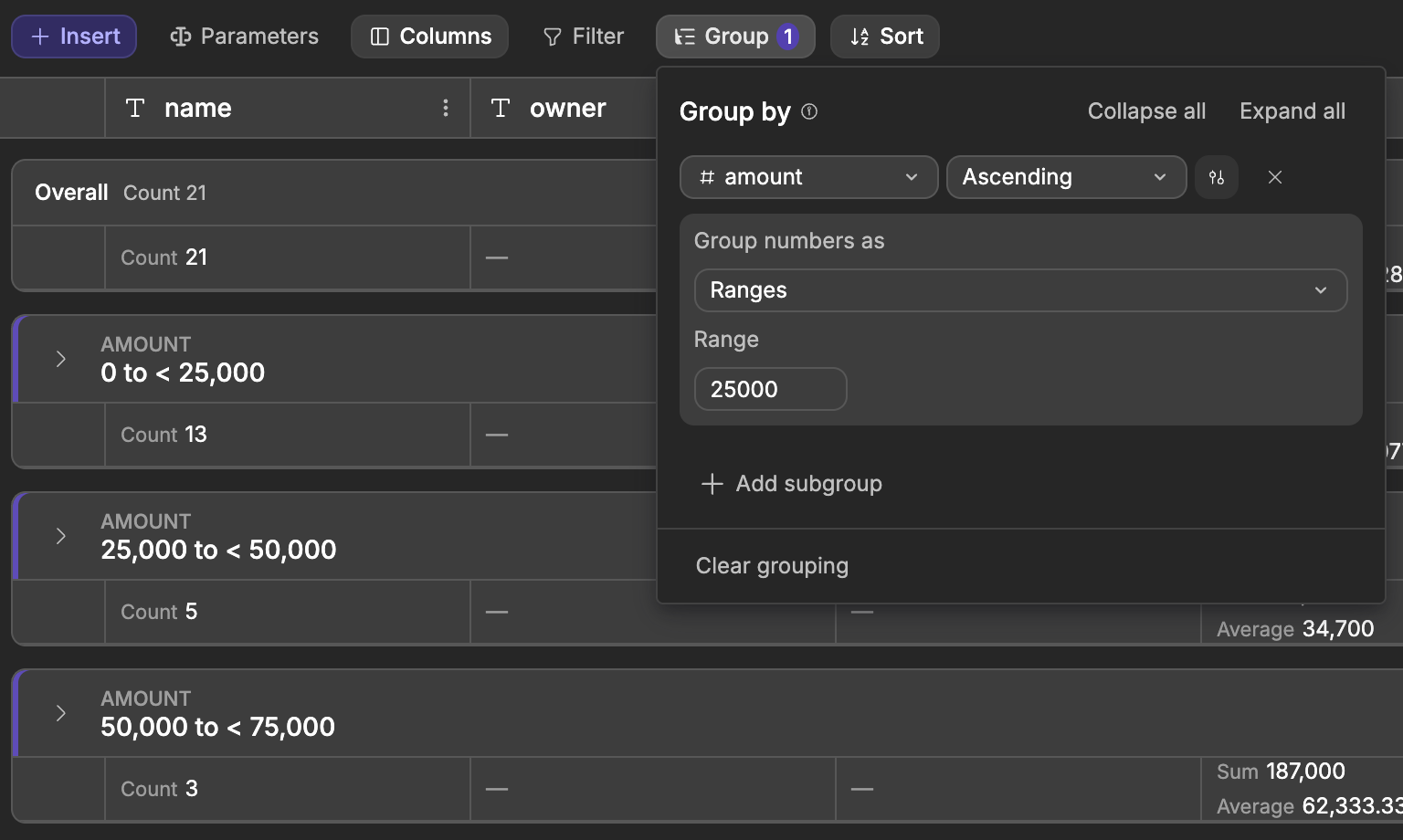 A view grouped by amount in ranges of 25000, showing three groups with their count, sum and average