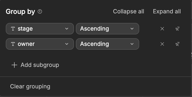 The Group by panel with two rules, stage then owner, both in ascending order