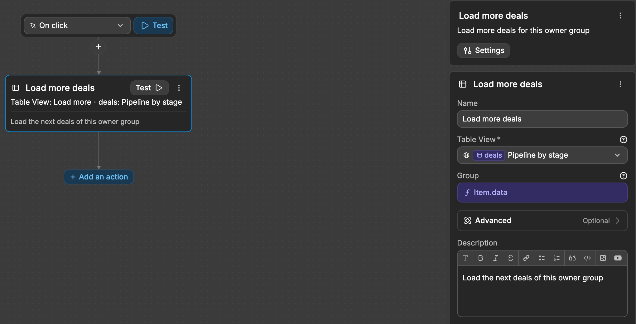 A Table View: Load more action set to the Pipeline by stage view, with Group bound to Item.data