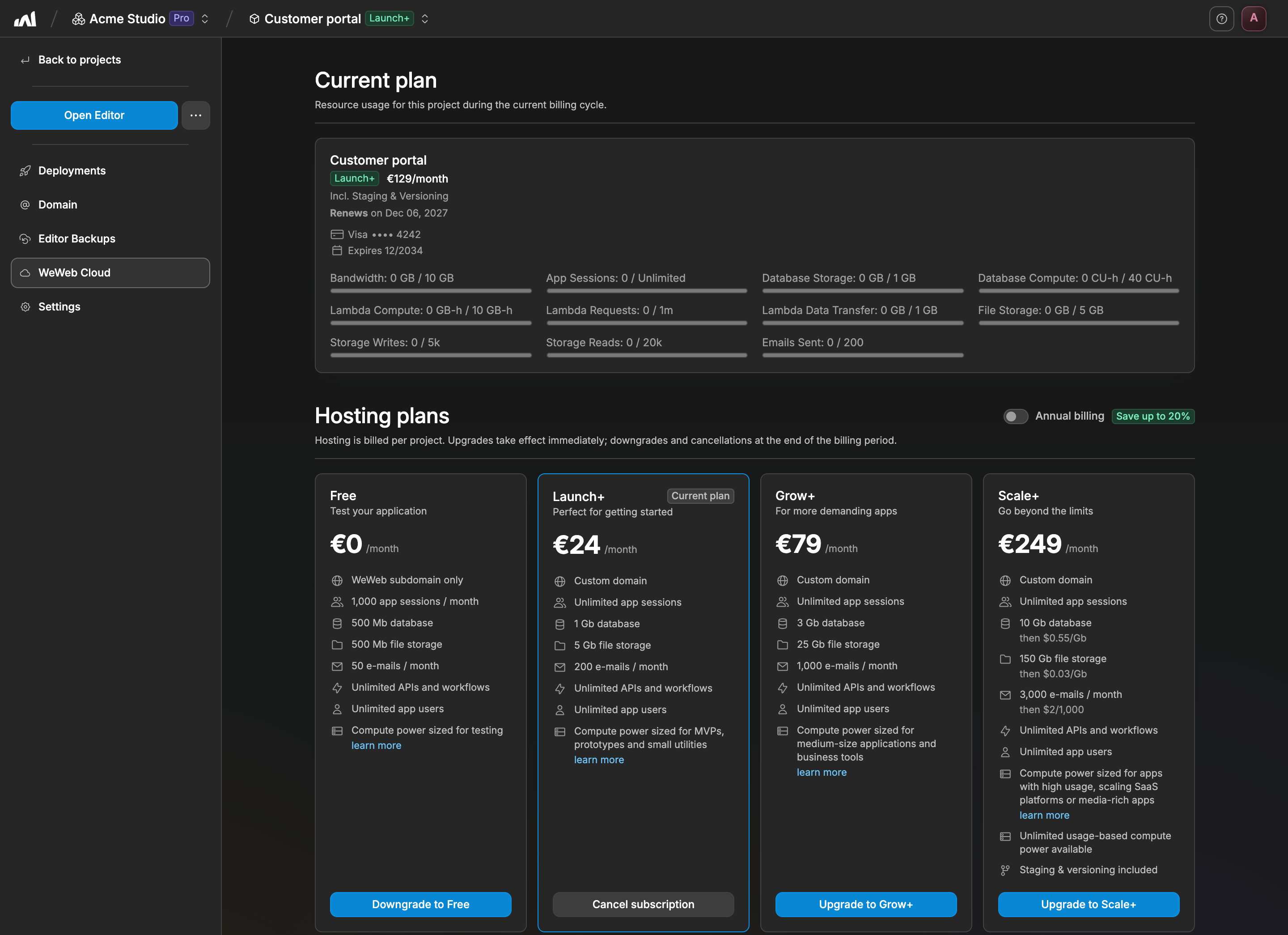 The WeWeb Cloud tab of a project