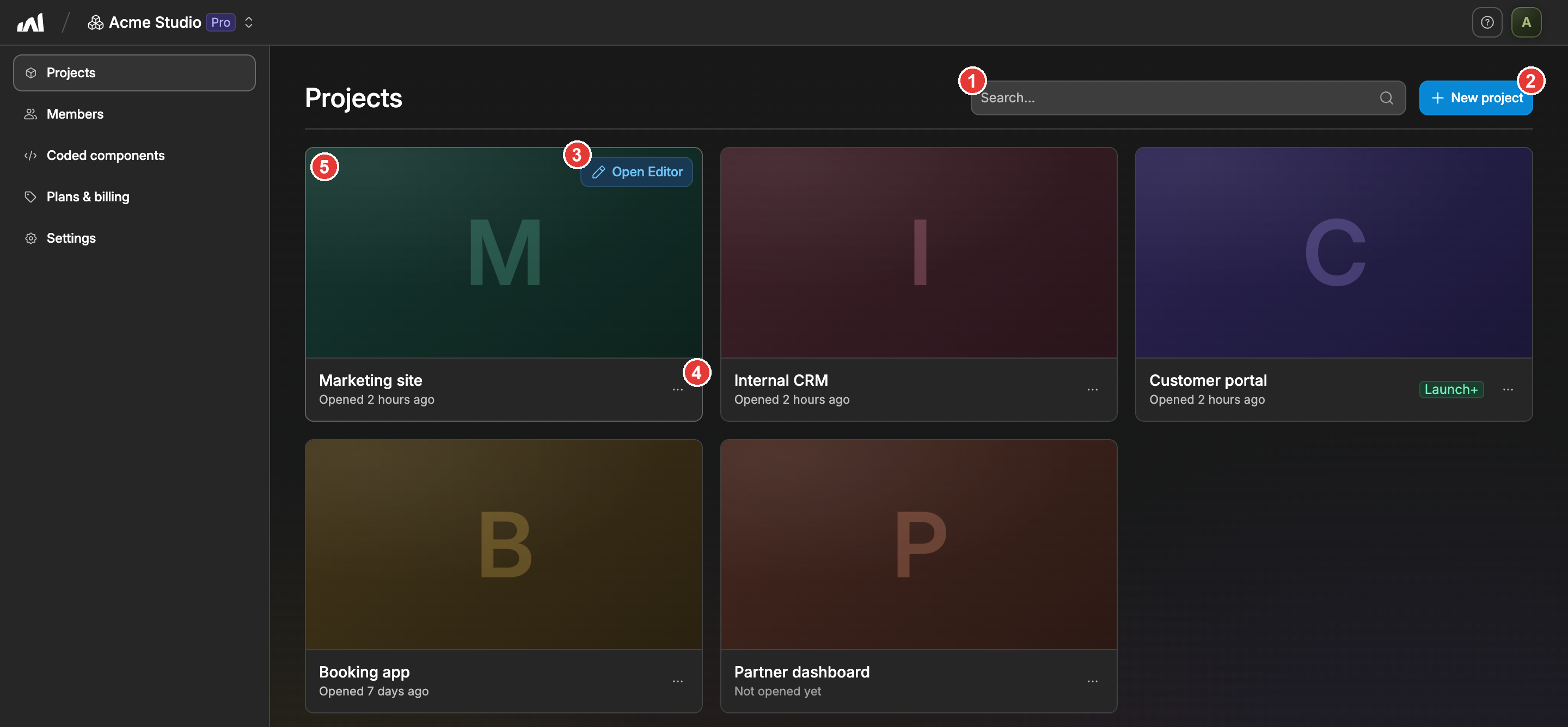 The projects tab inside a WeWeb workspace