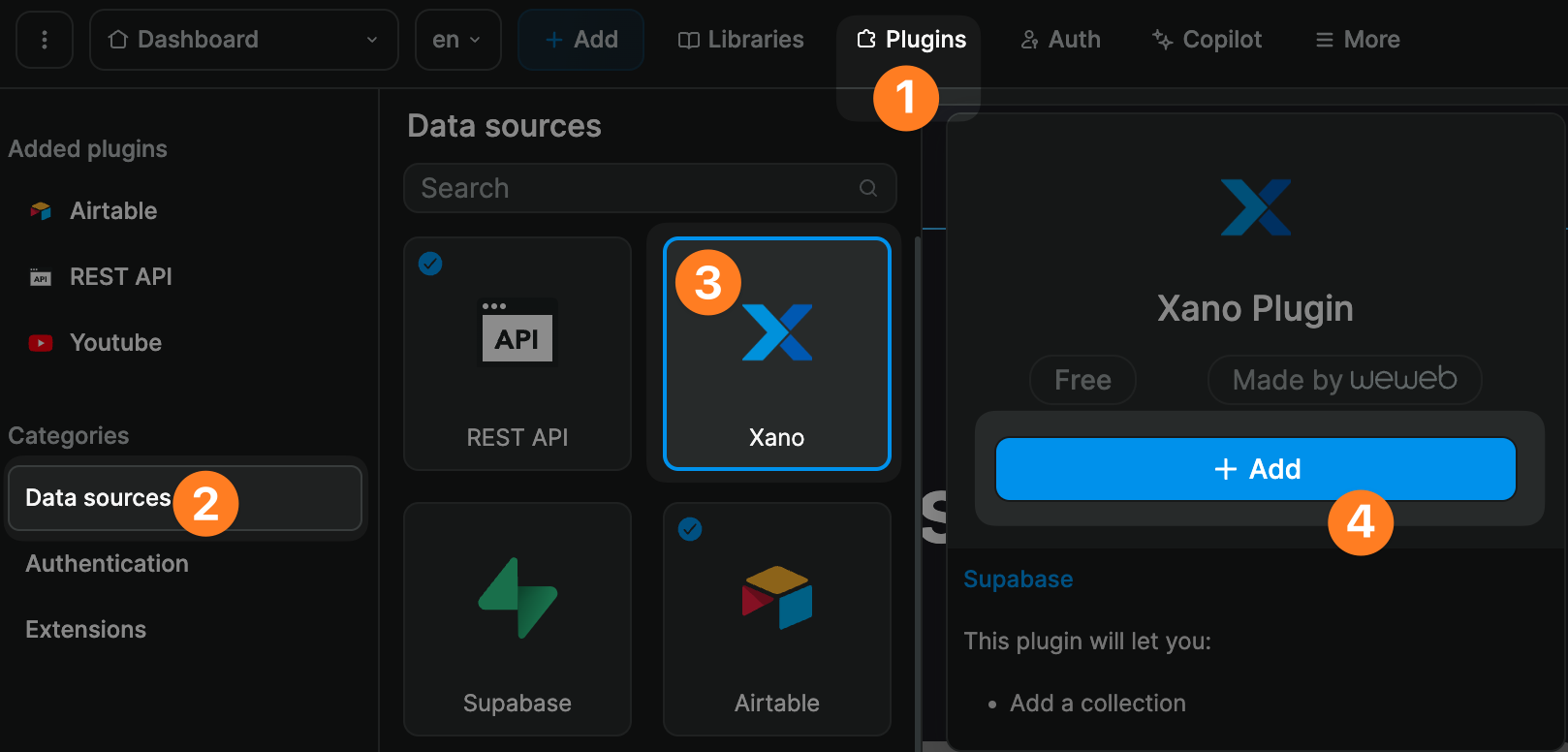 Xano data source plugin in WeWeb