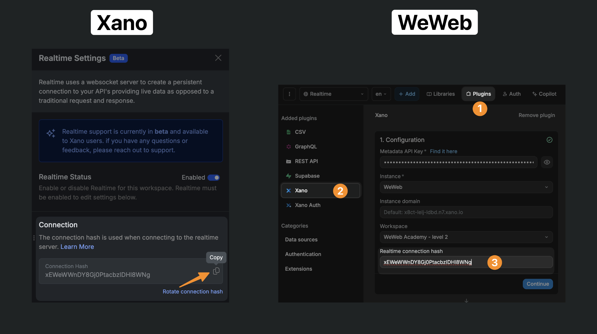 Xano realtime connection hash