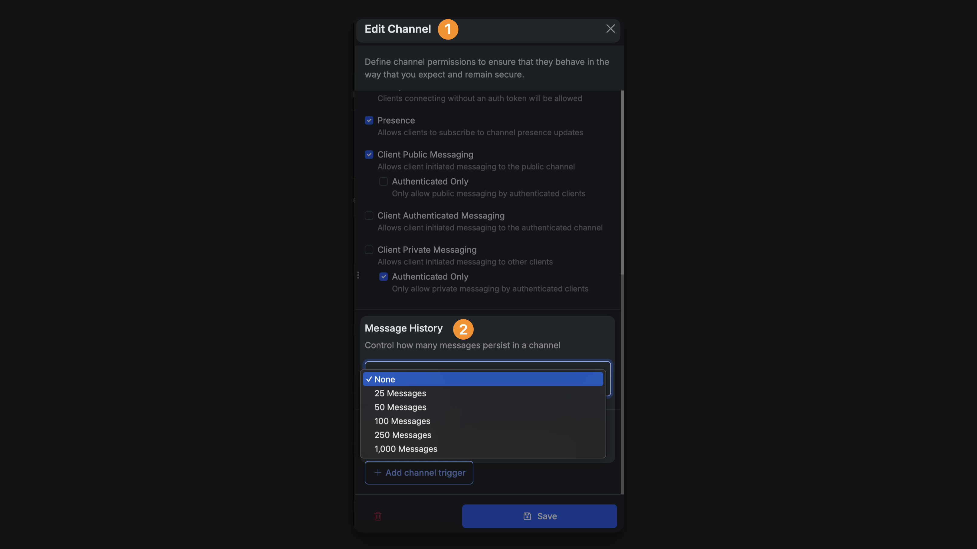 Channel message history setting in Xano